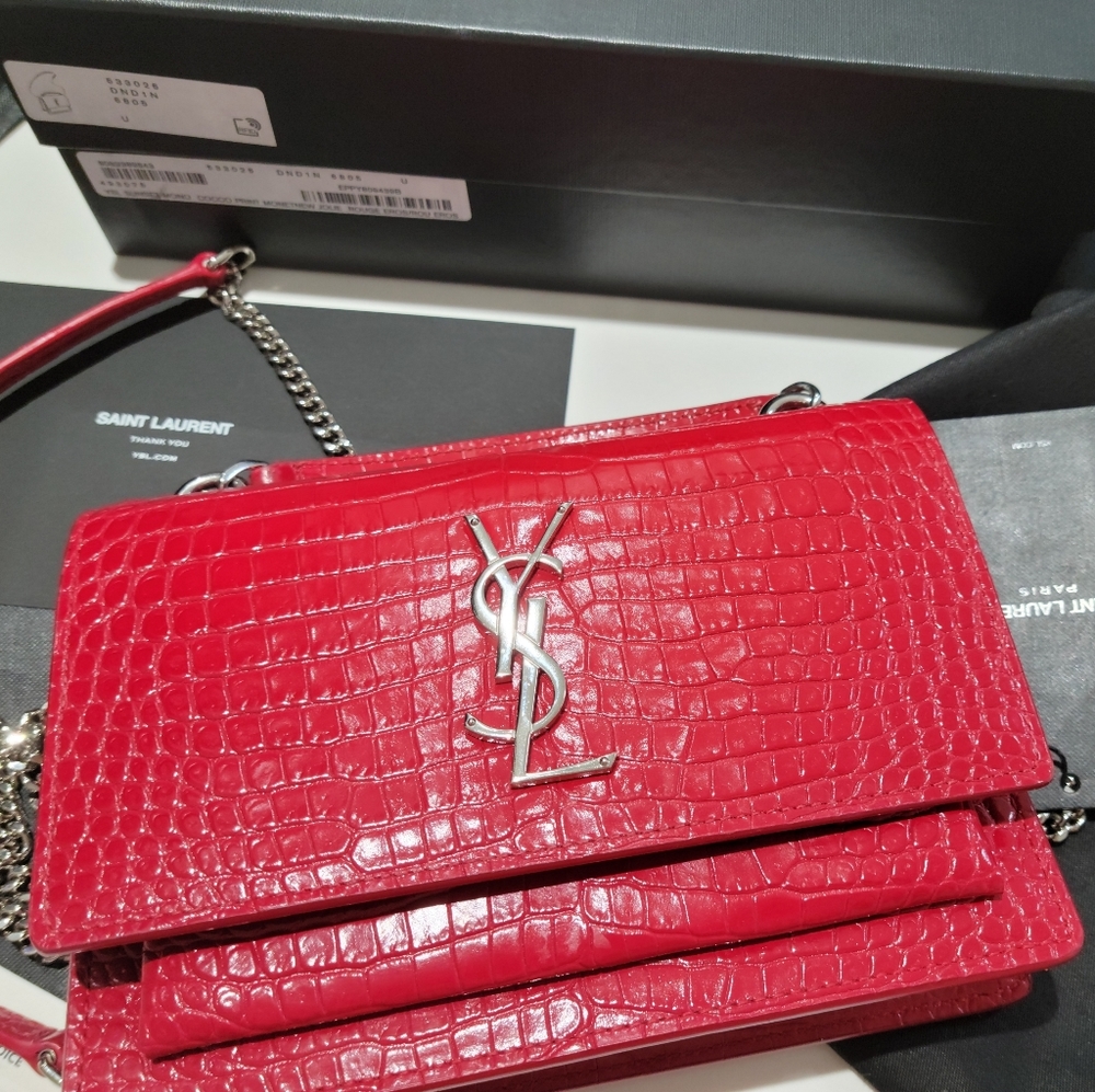 YSL SUNSET BAG CROCODILE EMBOSSED SHINY LEATHER- RED (NEW W/TAGS PACKAGING).